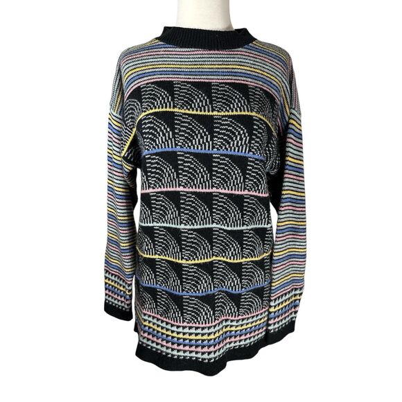 Vintage 80s Black Knit Geometric Pastel Rainbow Tunic Sweater Sz M - Picture 1 of 5